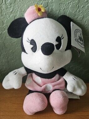 NWT- Disney Parks Baby Minnie Bobble Head Pink Hat Yellow Flower Plush Retro